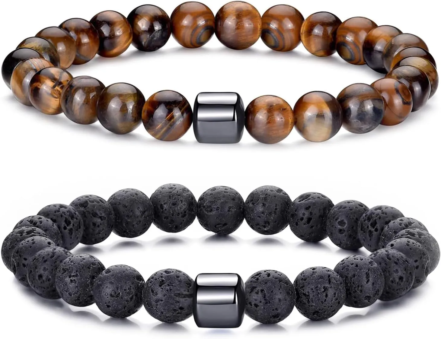 BMMYE 2-4Pcs Mens Beaded Bracelets 8mm Strech Bead Bracelet for Men Natural Stone Lava Rock Tiger Eye Obsidian Bracelets for Men Mens Jewlery Bracelet Gift