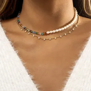 Bohemia Asymmetric Imitation Pearl Chain Choker Necklace For Women Small Beads Pendant Colorful Crystal Lariat Jewelry