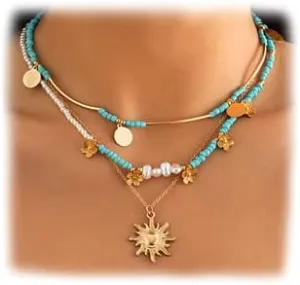 Boho Layered Turquoise Necklace for Women Flower Pearl Turquoise Bead Choker Necklace Bohemian Coin Pendant Necklace Chain Summer Beach Necklace Accessories Jewerly