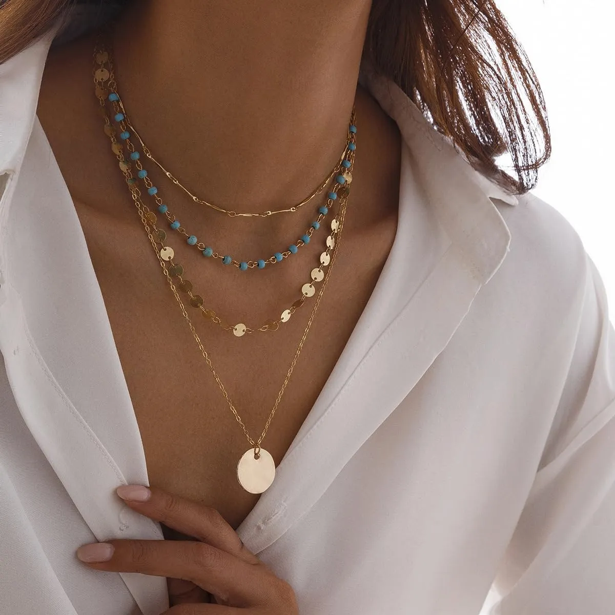 Boho Necklaces for Women Layered Turquoise Beaded Choker Necklace Western Jewelry for Women Sequin Coin Necklace Country Necklace Bohemian Boho Jewelry for Women Western Necklaces Summer Beach Necklace