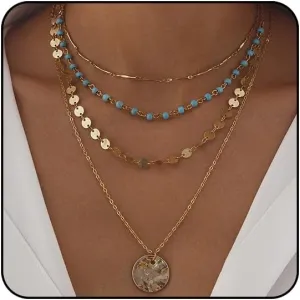 Boho Necklaces for Women Layered Turquoise Beaded Choker Necklace Western Jewelry for Women Sequin Coin Necklace Country Necklace Bohemian Boho Jewelry for Women Western Necklaces Summer Beach Necklace