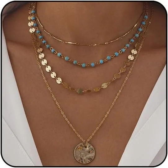 Boho Necklaces for Women Layered Turquoise Beaded Choker Necklace Western Jewelry for Women Sequin Coin Necklace Country Necklace Bohemian Boho Jewelry for Women Western Necklaces Summer Beach Necklace