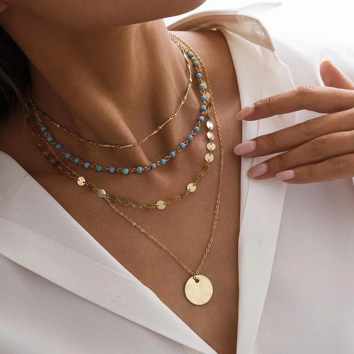 Boho Necklaces for Women Layered Turquoise Beaded Choker Necklace Western Jewelry for Women Sequin Coin Necklace Country Necklace Bohemian Boho Jewelry for Women Western Necklaces Summer Beach Necklace