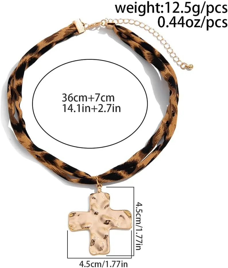 Bold Chunky Gold Big Cross Conch Leopard Rope Necklaces for Women, Statement Thick Hammered Textured Pendant Necklace Jewelry Costume Accessories Gift