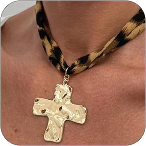 Bold Chunky Gold Big Cross Conch Leopard Rope Necklaces for Women, Statement Thick Hammered Textured Pendant Necklace Jewelry Costume Accessories Gift