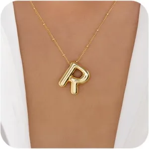 Bubble Initial Necklaces for Women,14K Gold Plated Bubble Letter Necklace Layered Gold Chunky Necklaces Custom Name Pendant Necklace Dainty Charm Balloon Letter Necklace Gold Jewelry Gifts