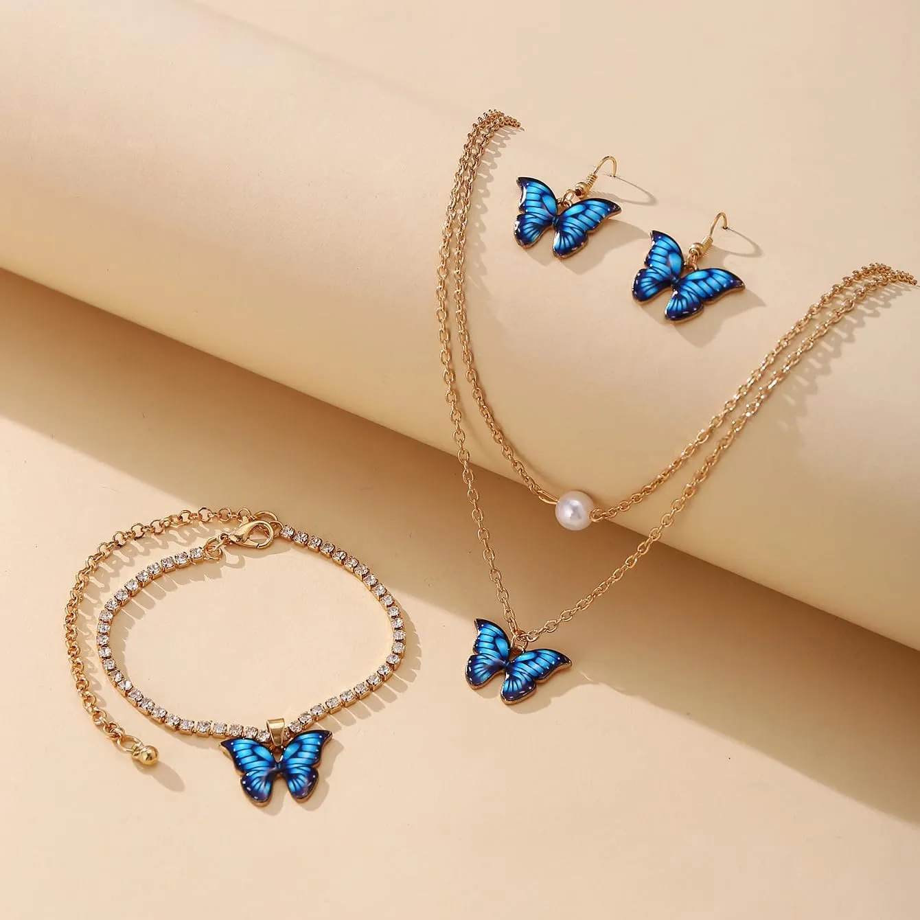 Butterfly Earrings Necklace Bracelets Set for Women Multicolor Butterfly Pendant Necklace Earrings Bracelets Gift for Women Girl Jewelry