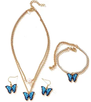 Butterfly Earrings Necklace Bracelets Set for Women Multicolor Butterfly Pendant Necklace Earrings Bracelets Gift for Women Girl Jewelry