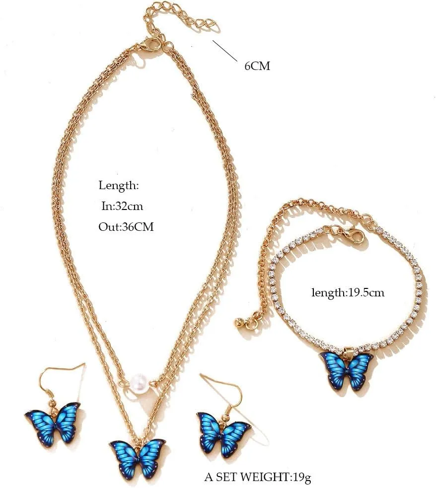 Butterfly Earrings Necklace Bracelets Set for Women Multicolor Butterfly Pendant Necklace Earrings Bracelets Gift for Women Girl Jewelry