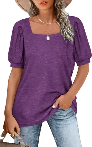 BZB Womens Square Neck Tops Trendy 2025 Short Puff Sleeve T Shirts Summer Casual Tunic Cute Tops S-2XL
