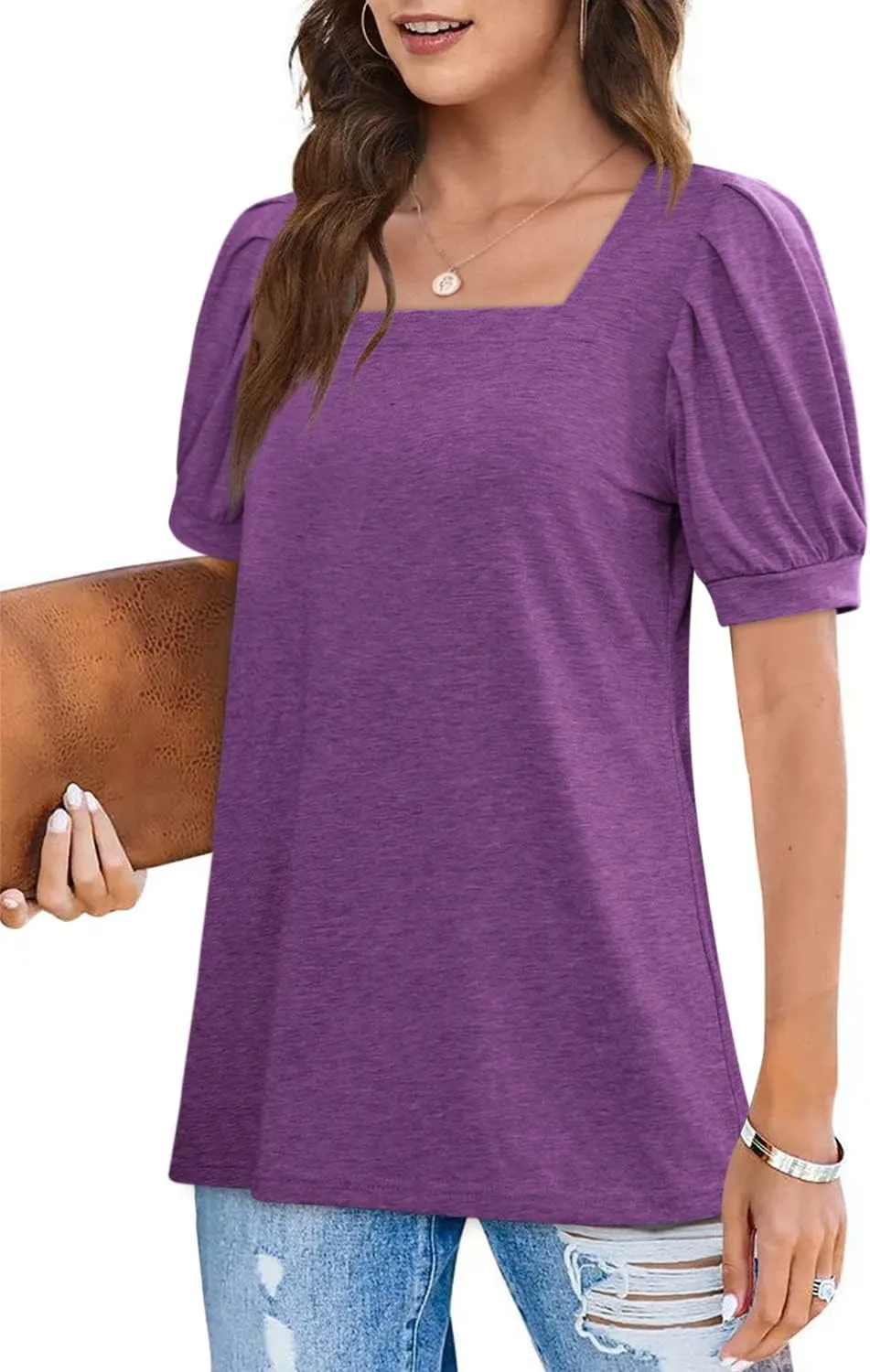 BZB Womens Square Neck Tops Trendy 2025 Short Puff Sleeve T Shirts Summer Casual Tunic Cute Tops S-2XL