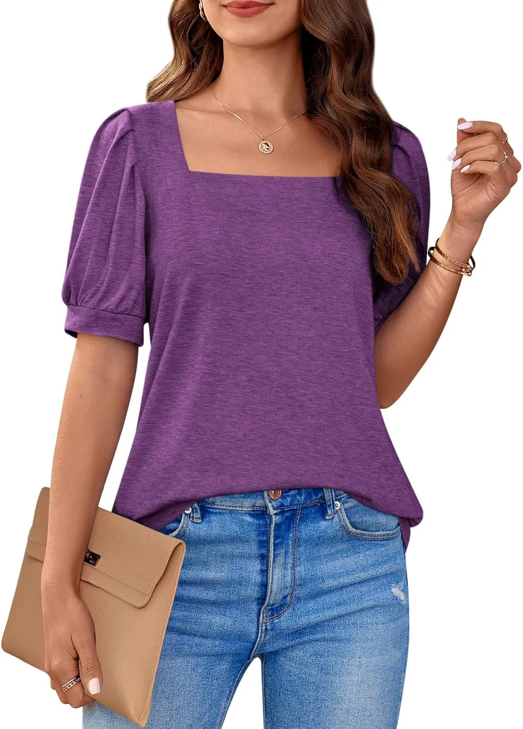 BZB Womens Square Neck Tops Trendy 2025 Short Puff Sleeve T Shirts Summer Casual Tunic Cute Tops S-2XL