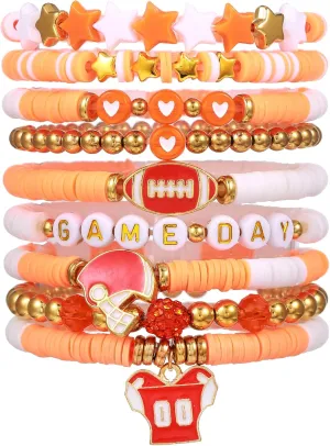 Caiyao 9Pcs Football Game Day Stackbale Bracelets Colorful Multilayer Heishi Beaded Stretch Bracelets Polymer Clay Football Rugby Friendship Charm Bracelets for Women Men Game Day Spirit Jewelry