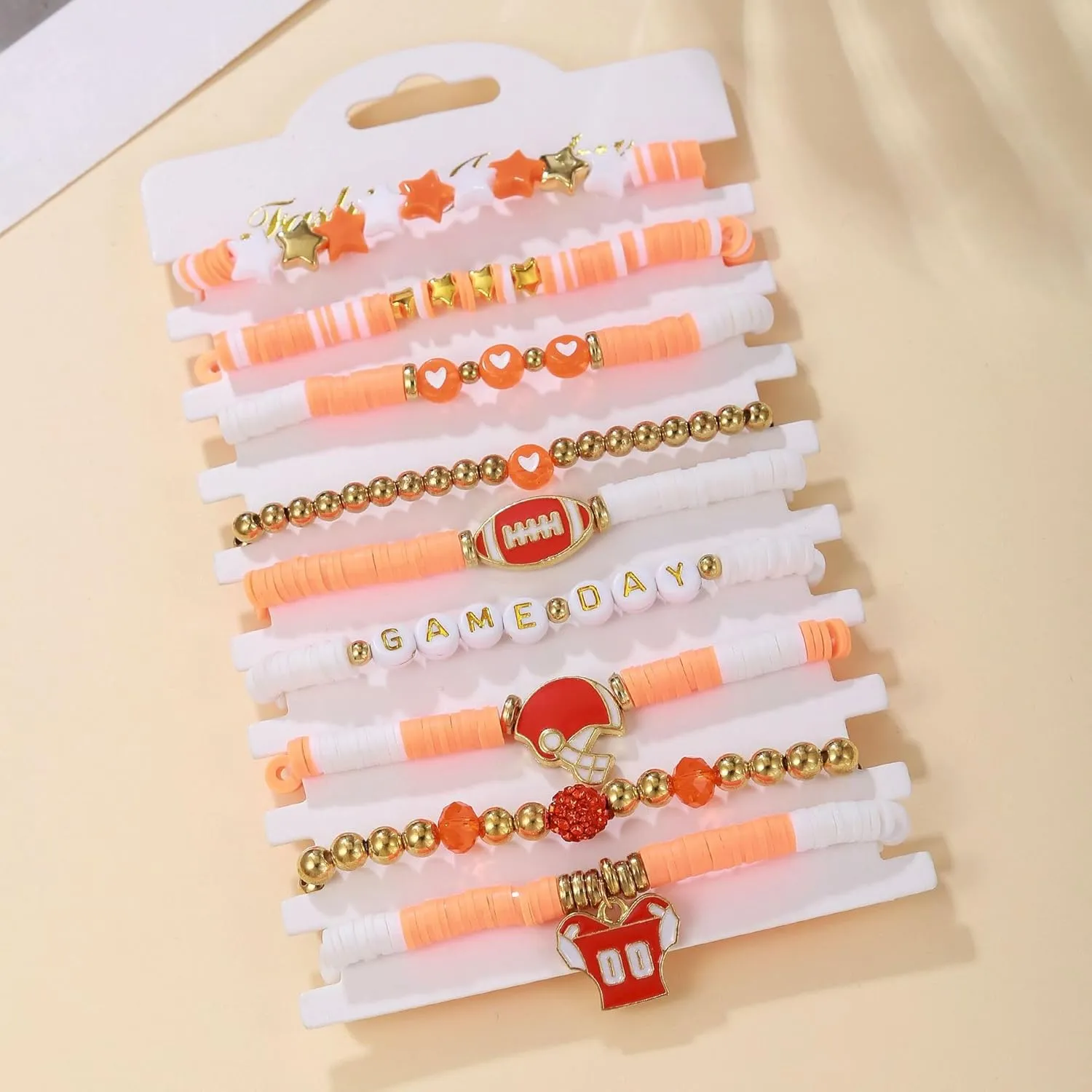 Caiyao 9Pcs Football Game Day Stackbale Bracelets Colorful Multilayer Heishi Beaded Stretch Bracelets Polymer Clay Football Rugby Friendship Charm Bracelets for Women Men Game Day Spirit Jewelry
