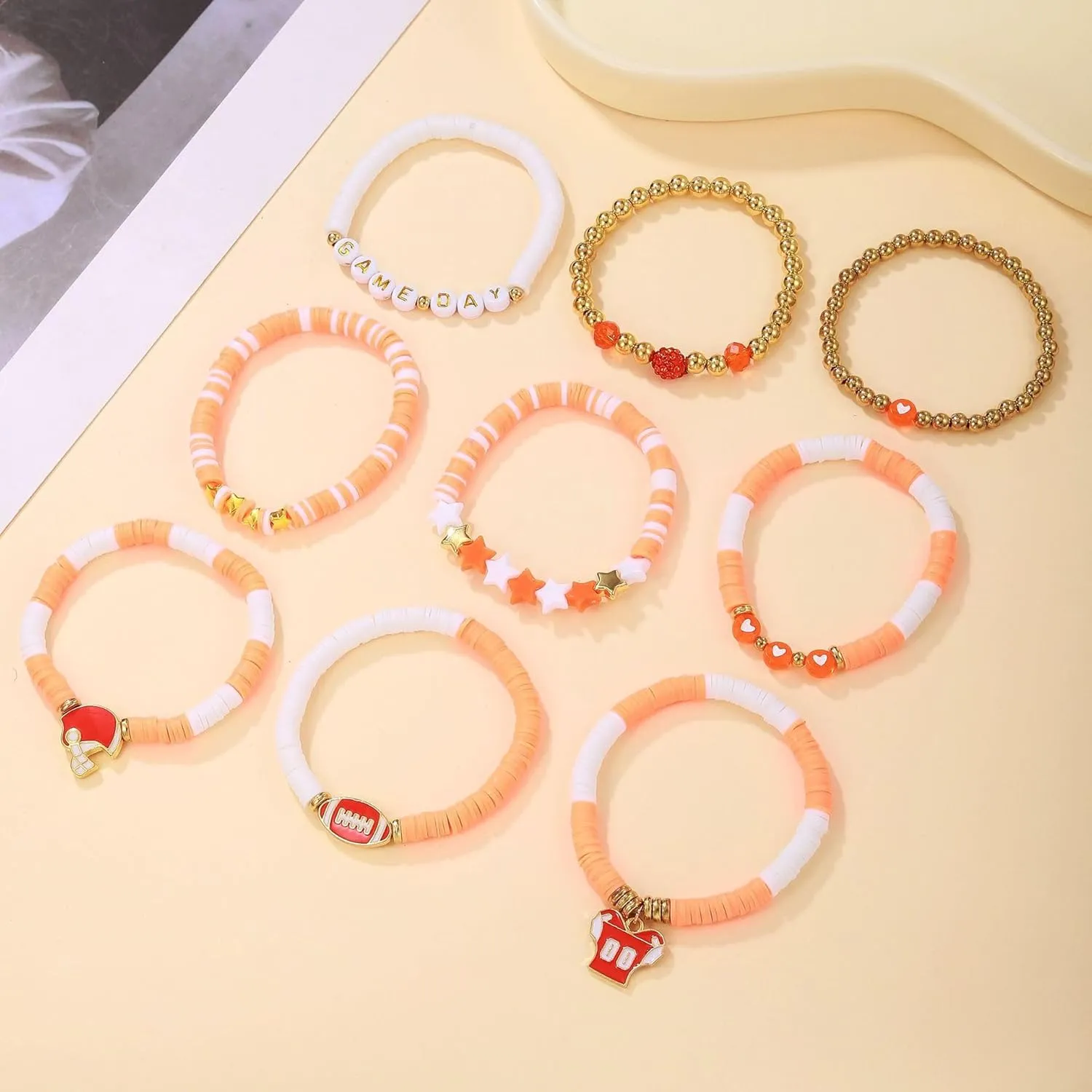 Caiyao 9Pcs Football Game Day Stackbale Bracelets Colorful Multilayer Heishi Beaded Stretch Bracelets Polymer Clay Football Rugby Friendship Charm Bracelets for Women Men Game Day Spirit Jewelry