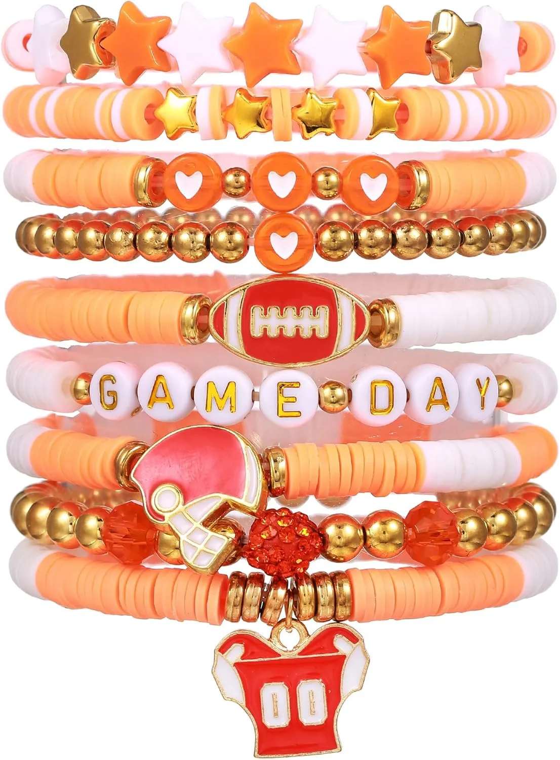 Caiyao 9Pcs Football Game Day Stackbale Bracelets Colorful Multilayer Heishi Beaded Stretch Bracelets Polymer Clay Football Rugby Friendship Charm Bracelets for Women Men Game Day Spirit Jewelry