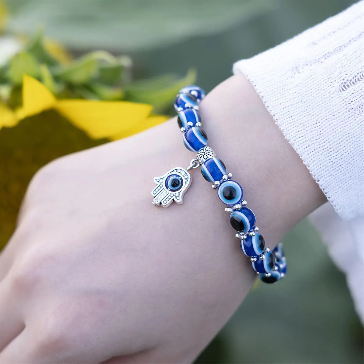 Caiyao Evil Eye Bead Bracelet Stretchy Hamsa Palm of Fatima Hand Butterfly Owl Elephant Tortoise Animal Amulet Bracelet for Women Men Friend Protection Jewelry Good Luck Gift