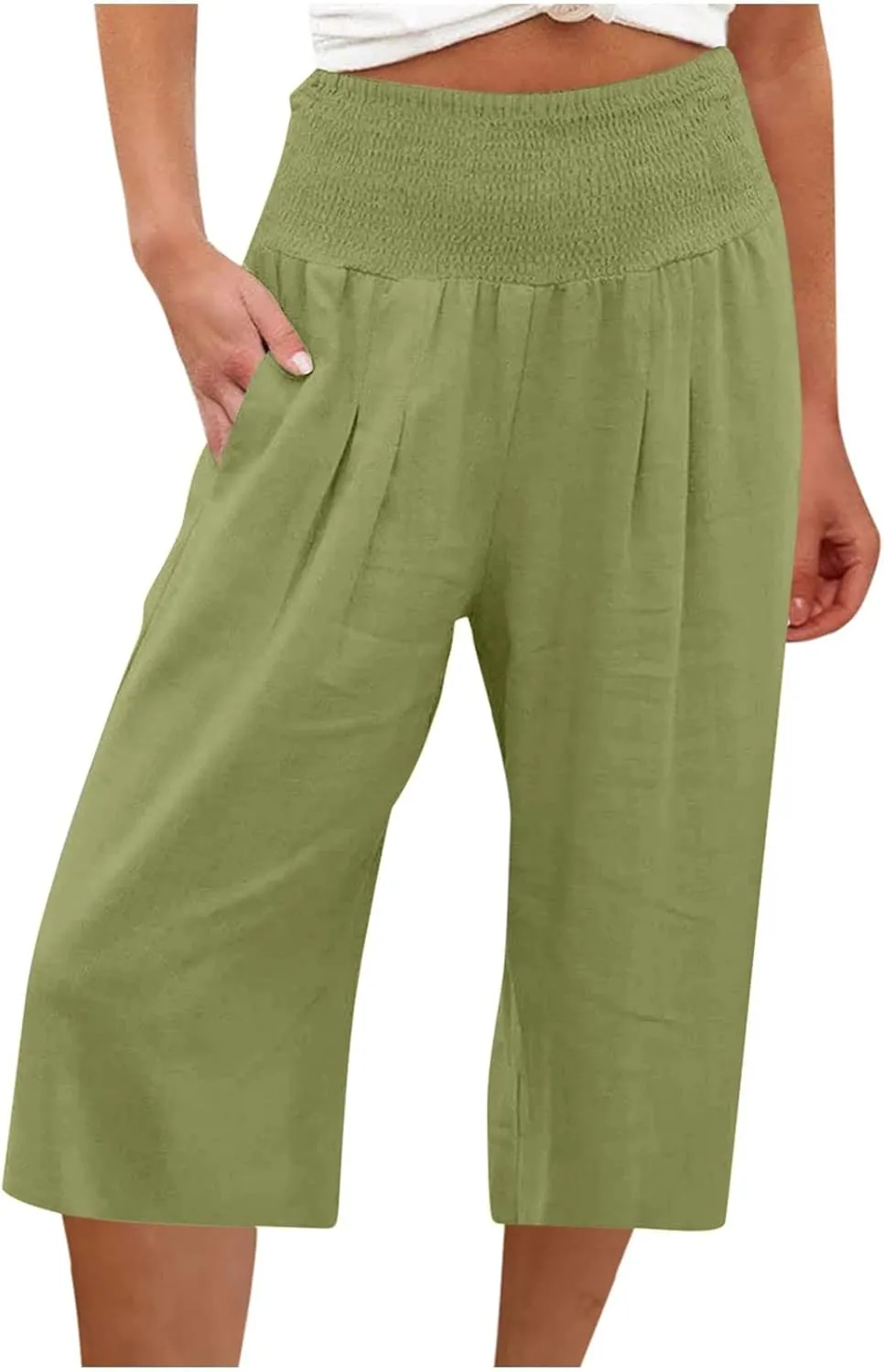 Capri Pants for Women High Waisted Wide Leg Linen Capris Summer Loose Elastic Trousers with Pockets