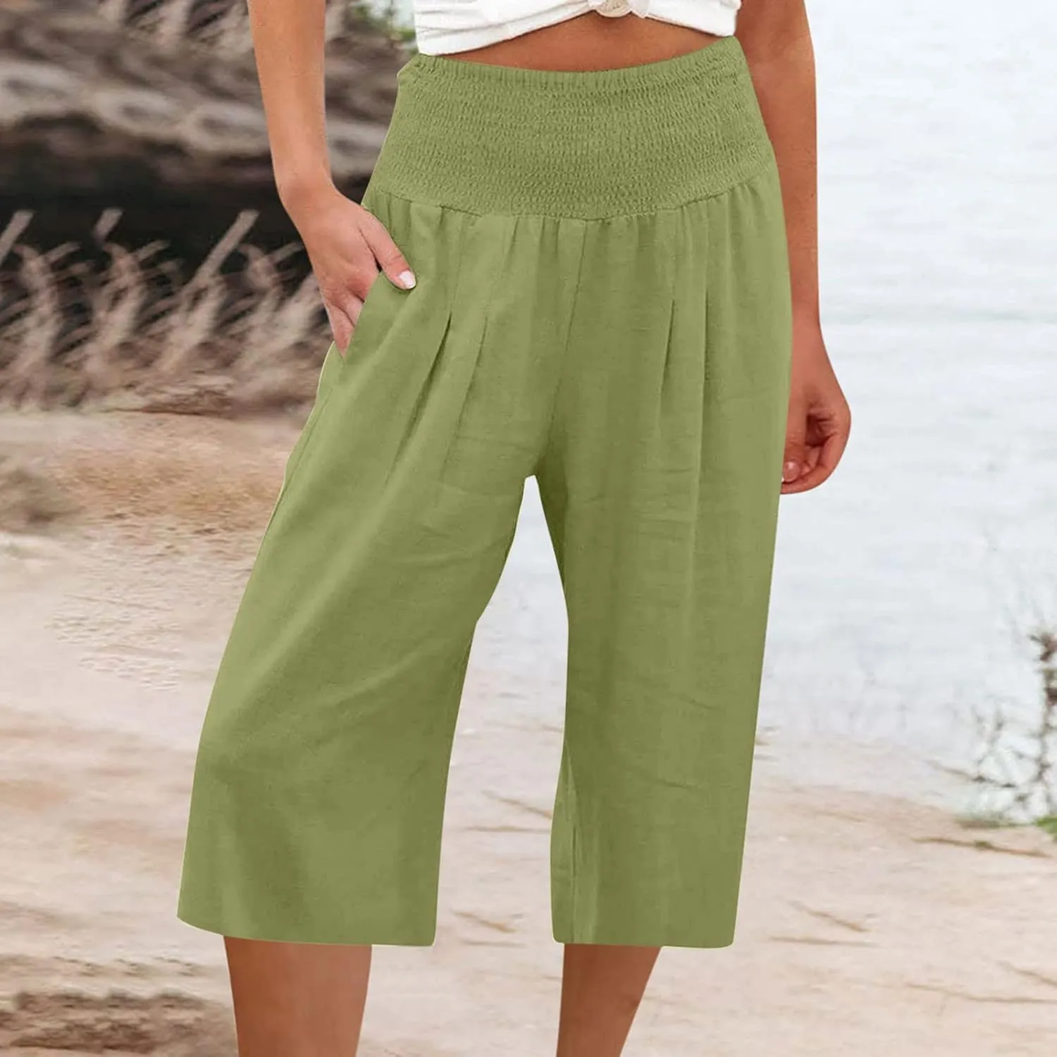Capri Pants for Women High Waisted Wide Leg Linen Capris Summer Loose Elastic Trousers with Pockets