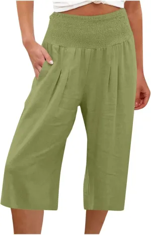 Capri Pants for Women High Waisted Wide Leg Linen Capris Summer Loose Elastic Trousers with Pockets