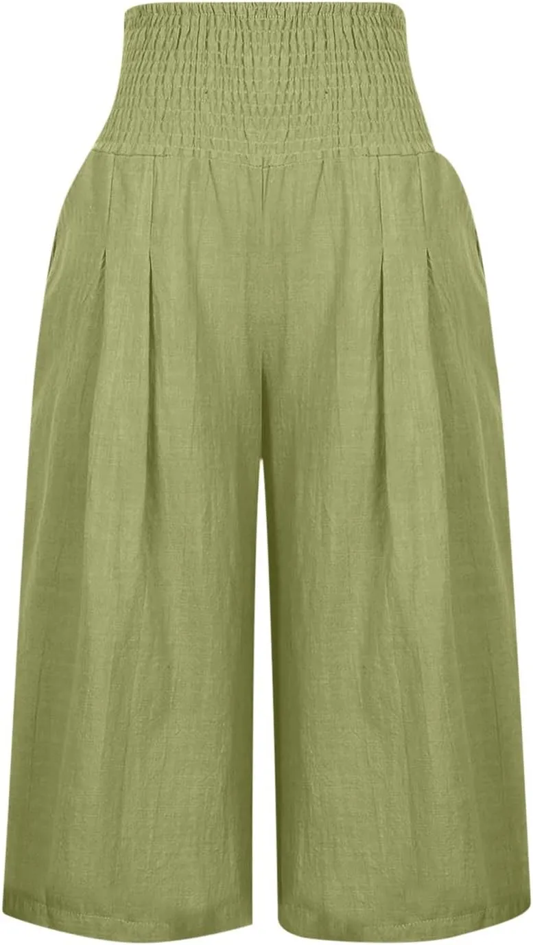 Capri Pants for Women High Waisted Wide Leg Linen Capris Summer Loose Elastic Trousers with Pockets