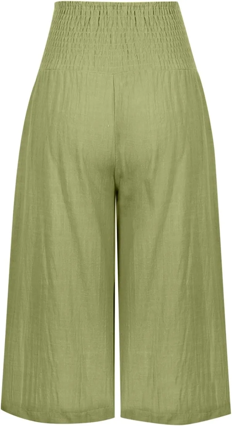 Capri Pants for Women High Waisted Wide Leg Linen Capris Summer Loose Elastic Trousers with Pockets