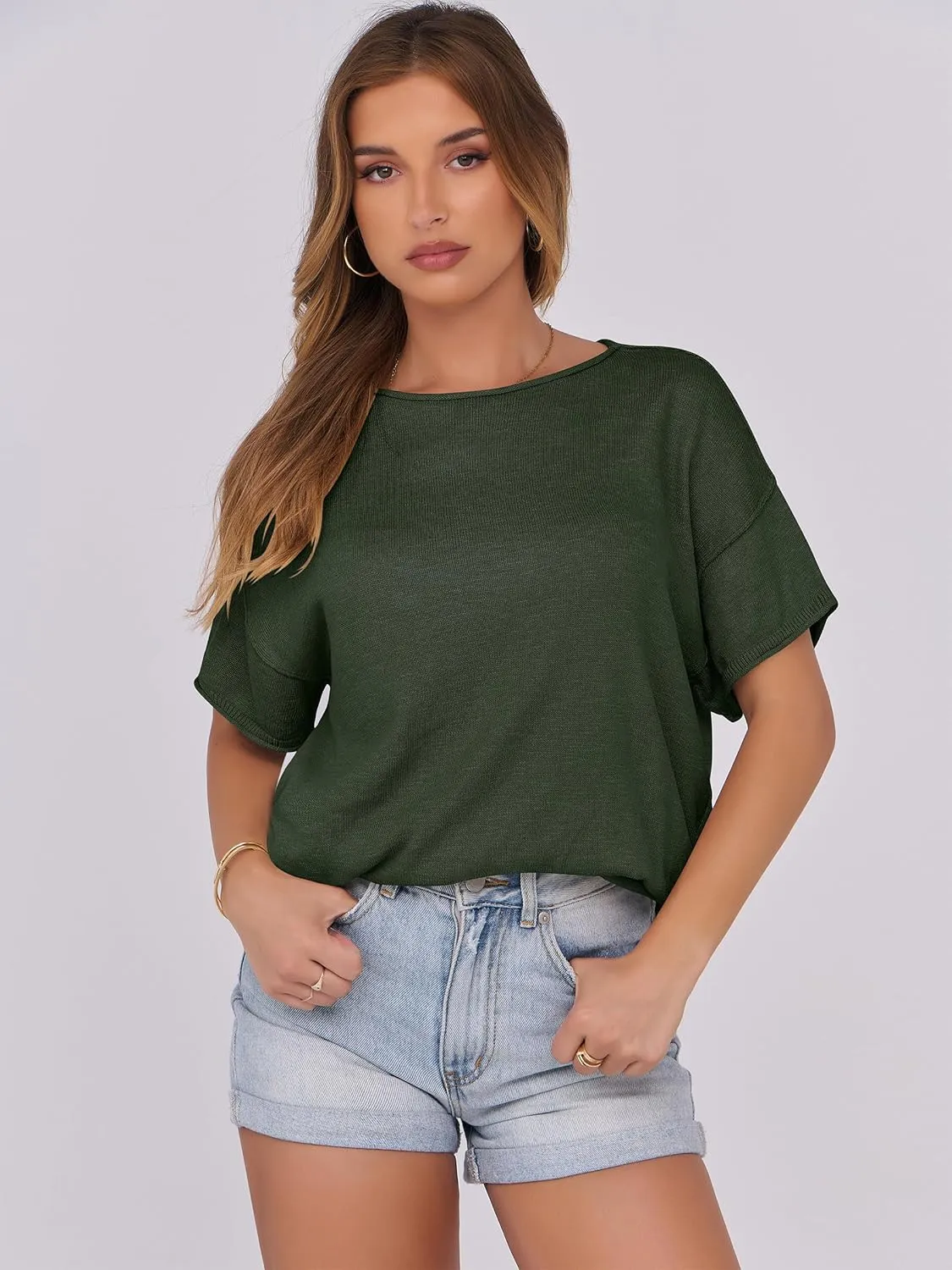 Caracilia Women Summer Lightweight Sweater Top Oversized Short Sleeve Drop Shoulder Seams Outside Casual T-Shirts Trendy 2025