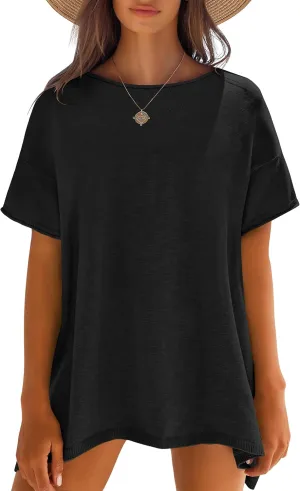 Caracilia Women Summer Lightweight Sweater Top Oversized Short Sleeve Drop Shoulder Seams Outside Casual T-Shirts Trendy 2025