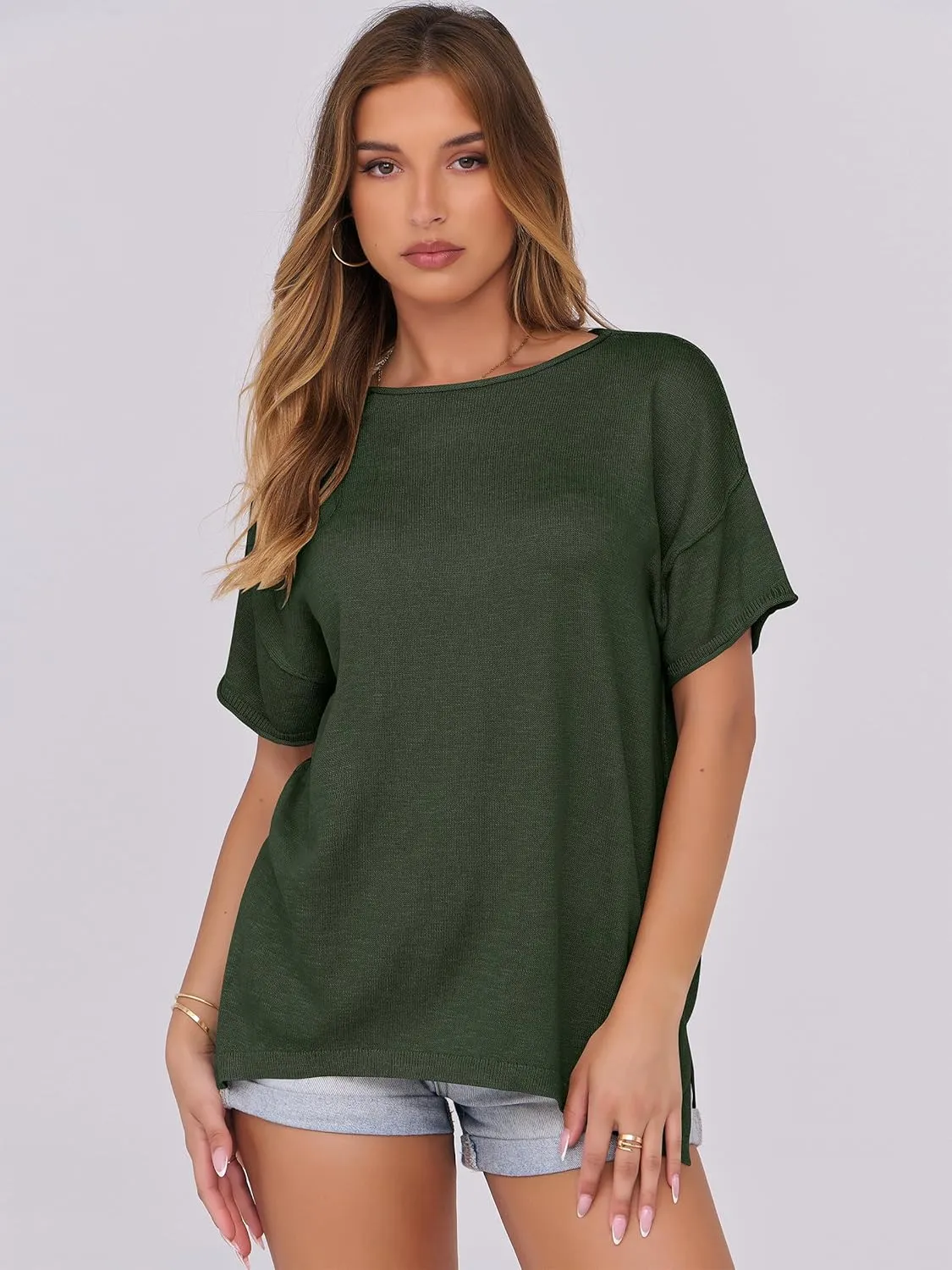 Caracilia Women Summer Lightweight Sweater Top Oversized Short Sleeve Drop Shoulder Seams Outside Casual T-Shirts Trendy 2025
