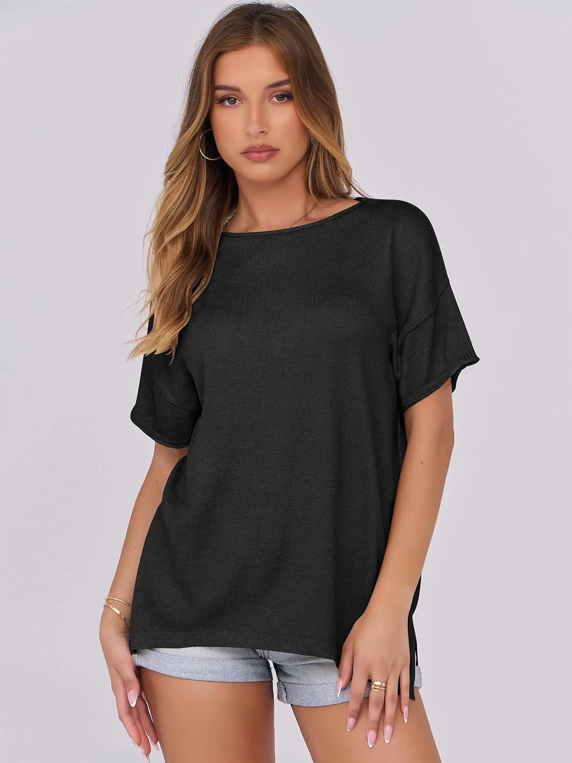 Caracilia Women Summer Lightweight Sweater Top Oversized Short Sleeve Drop Shoulder Seams Outside Casual T-Shirts Trendy 2025