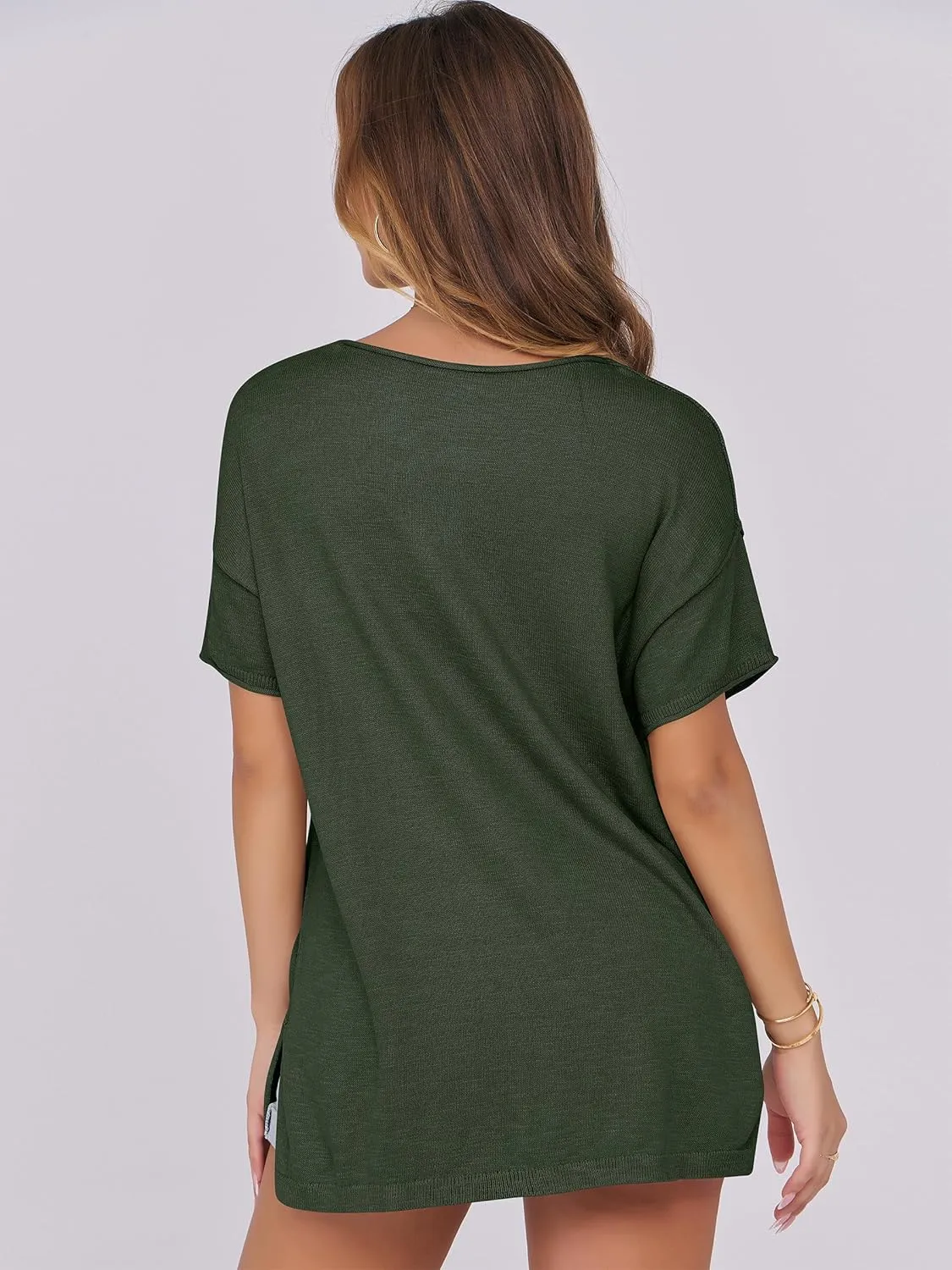 Caracilia Women Summer Lightweight Sweater Top Oversized Short Sleeve Drop Shoulder Seams Outside Casual T-Shirts Trendy 2025