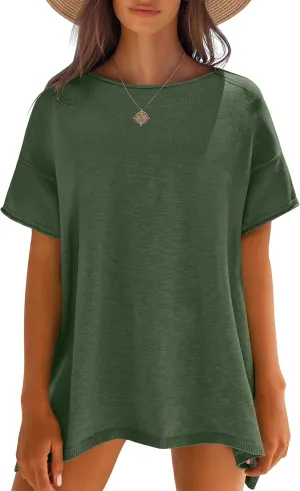 Caracilia Women Summer Lightweight Sweater Top Oversized Short Sleeve Drop Shoulder Seams Outside Casual T-Shirts Trendy 2025