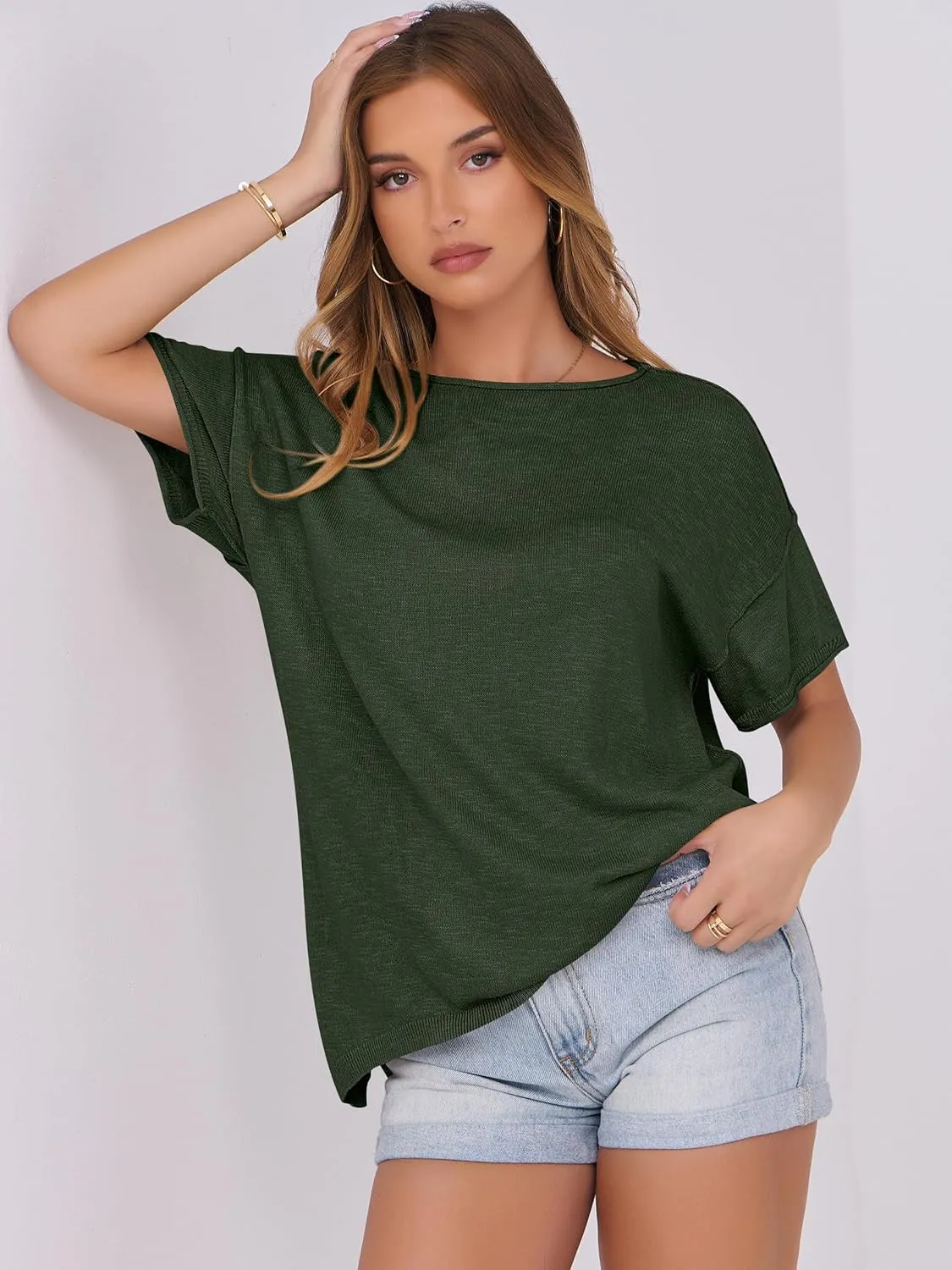 Caracilia Women Summer Lightweight Sweater Top Oversized Short Sleeve Drop Shoulder Seams Outside Casual T-Shirts Trendy 2025