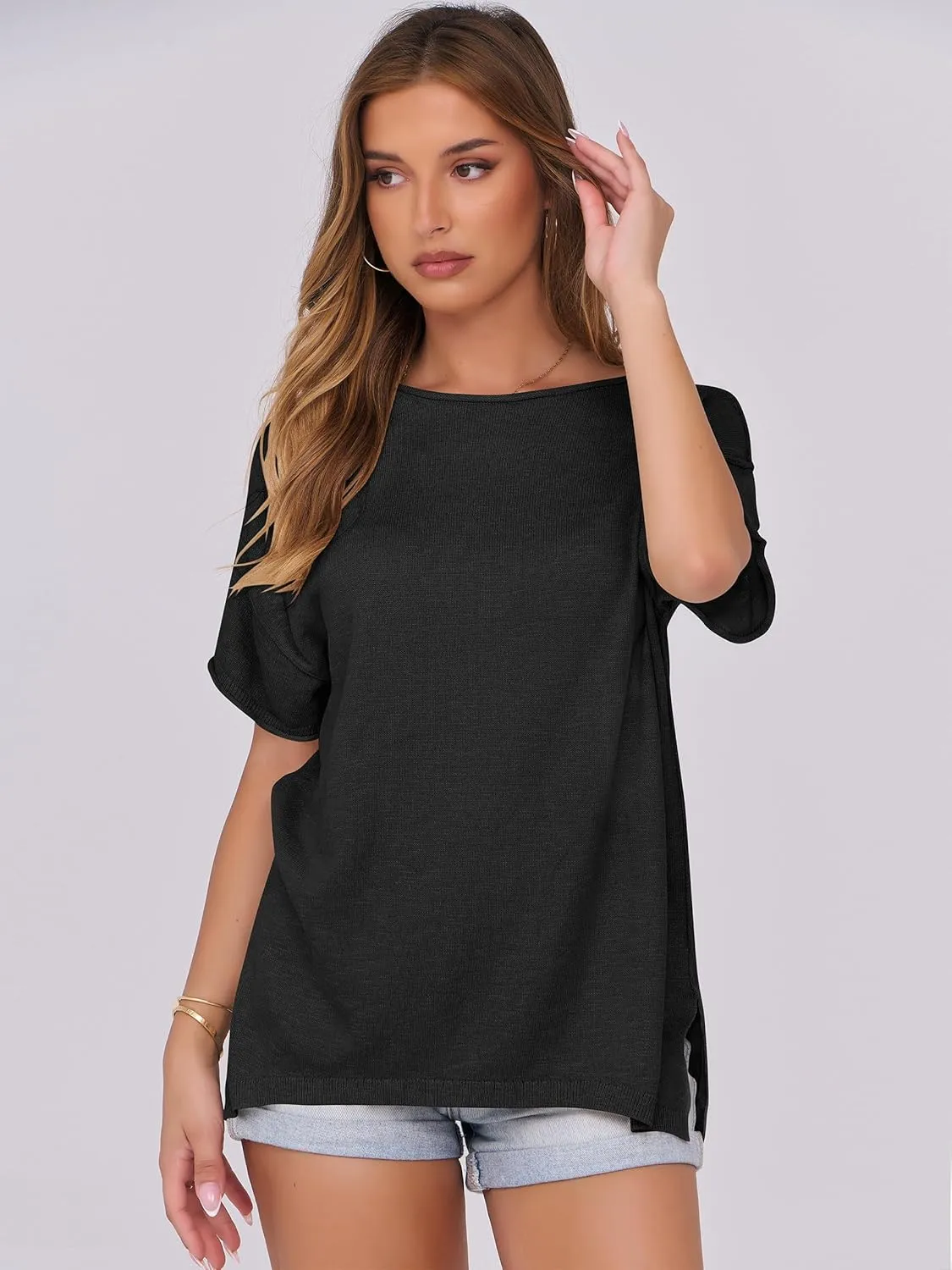 Caracilia Women Summer Lightweight Sweater Top Oversized Short Sleeve Drop Shoulder Seams Outside Casual T-Shirts Trendy 2025