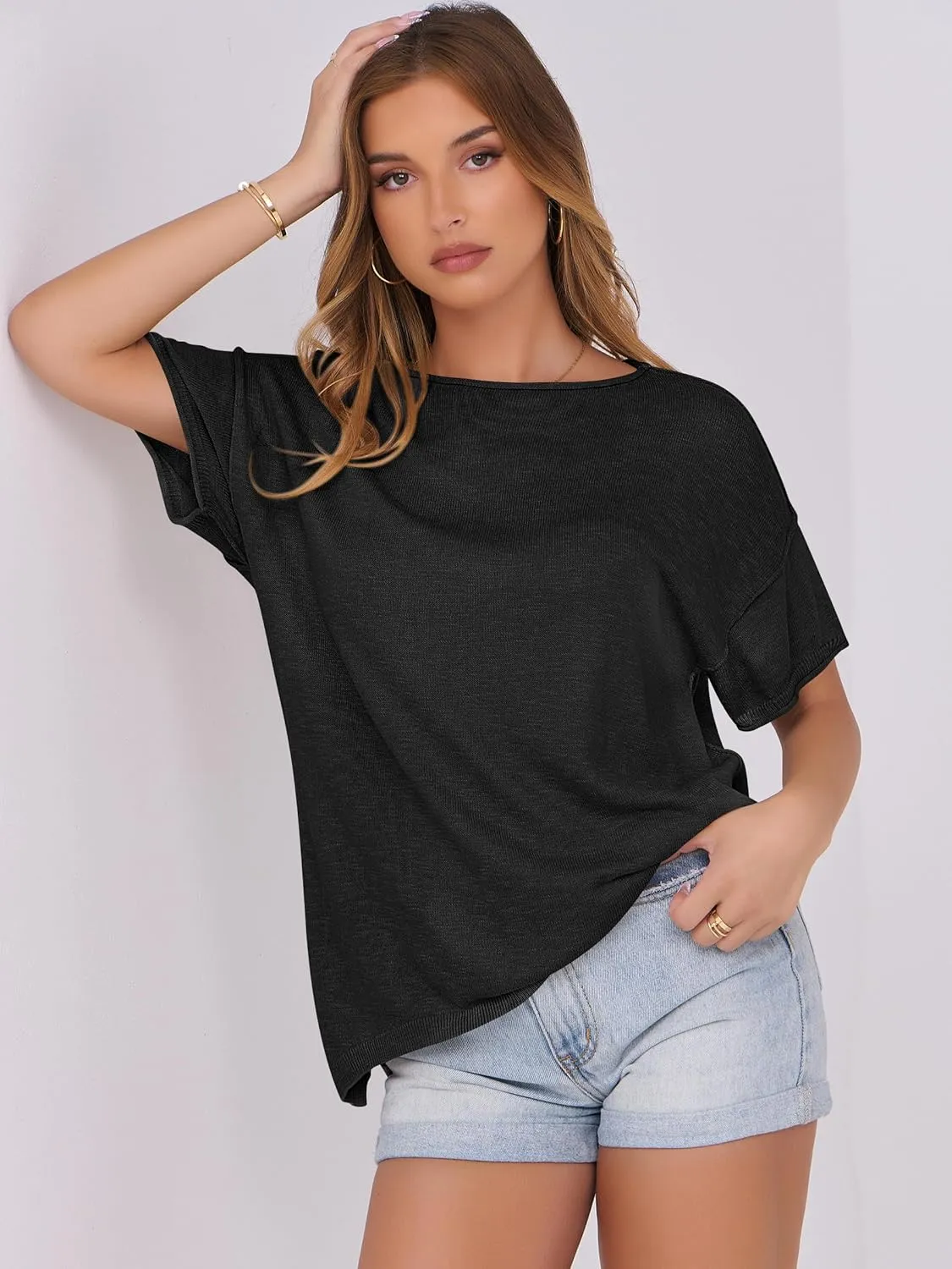 Caracilia Women Summer Lightweight Sweater Top Oversized Short Sleeve Drop Shoulder Seams Outside Casual T-Shirts Trendy 2025