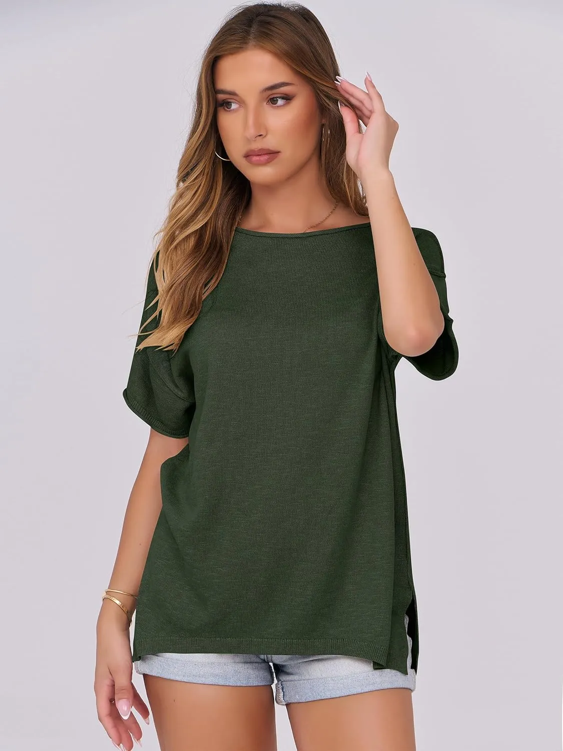 Caracilia Women Summer Lightweight Sweater Top Oversized Short Sleeve Drop Shoulder Seams Outside Casual T-Shirts Trendy 2025