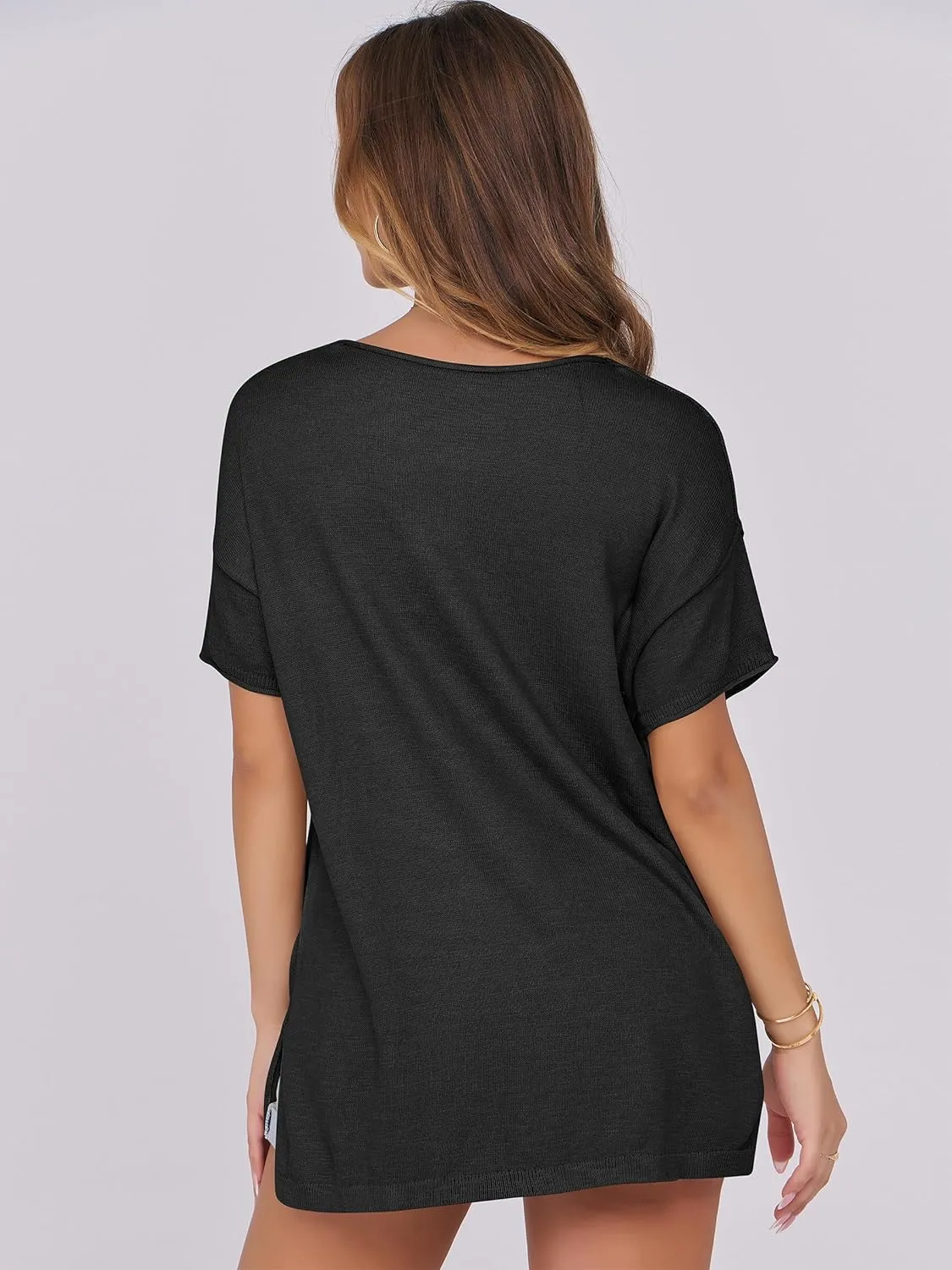 Caracilia Women Summer Lightweight Sweater Top Oversized Short Sleeve Drop Shoulder Seams Outside Casual T-Shirts Trendy 2025