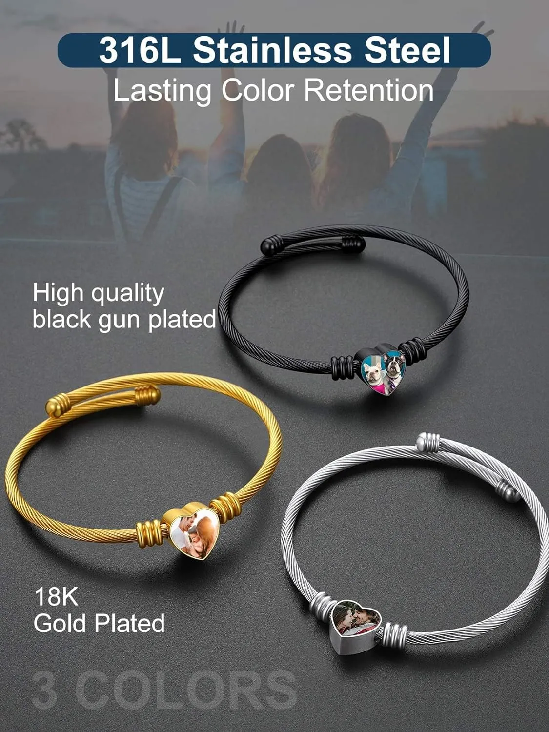 ChainsProMax Women Personalized Photo Bracelet, Heart Cuff Bracelet Bangle, Stainless Steel/Gold Plated/Black-Send Gift Box