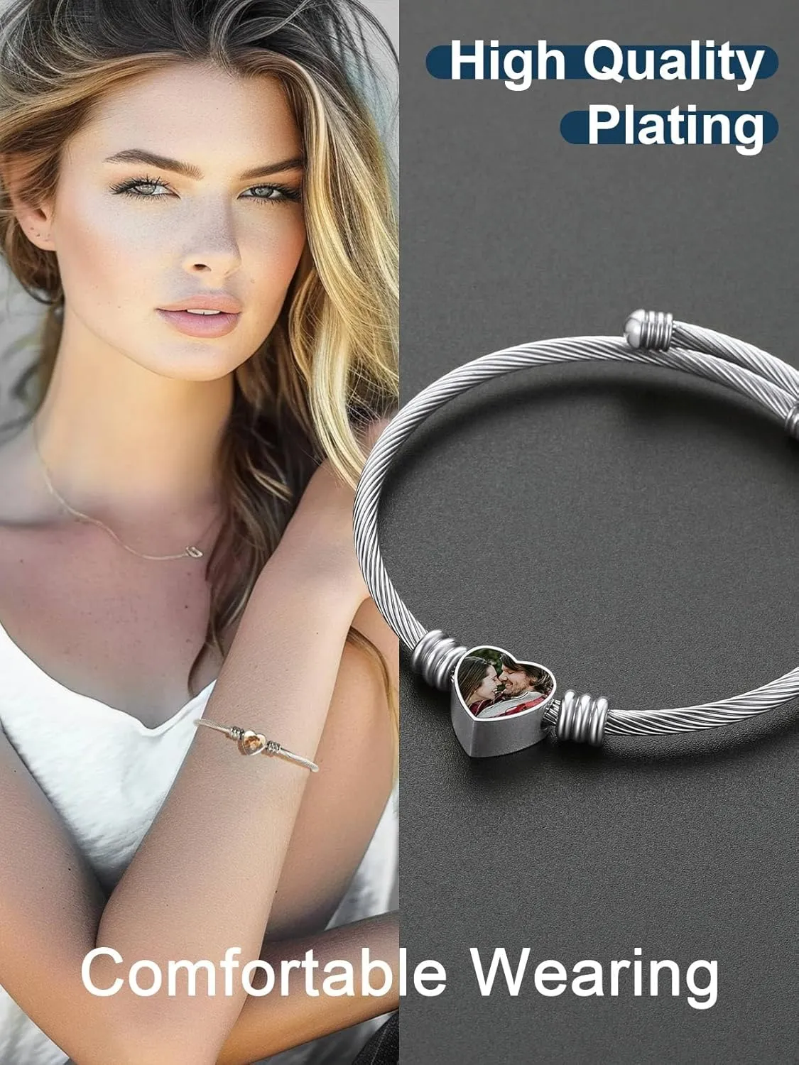 ChainsProMax Women Personalized Photo Bracelet, Heart Cuff Bracelet Bangle, Stainless Steel/Gold Plated/Black-Send Gift Box