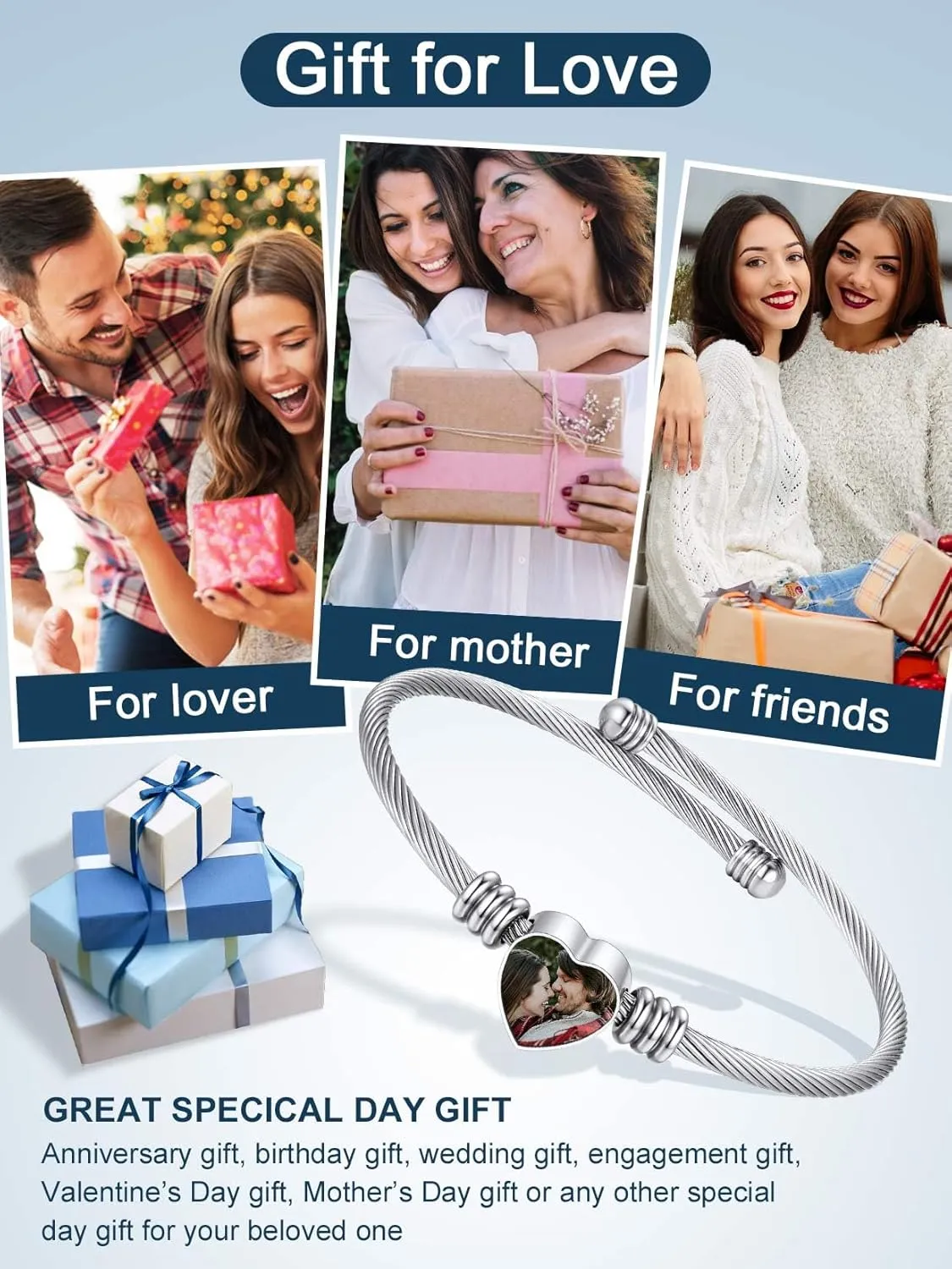 ChainsProMax Women Personalized Photo Bracelet, Heart Cuff Bracelet Bangle, Stainless Steel/Gold Plated/Black-Send Gift Box