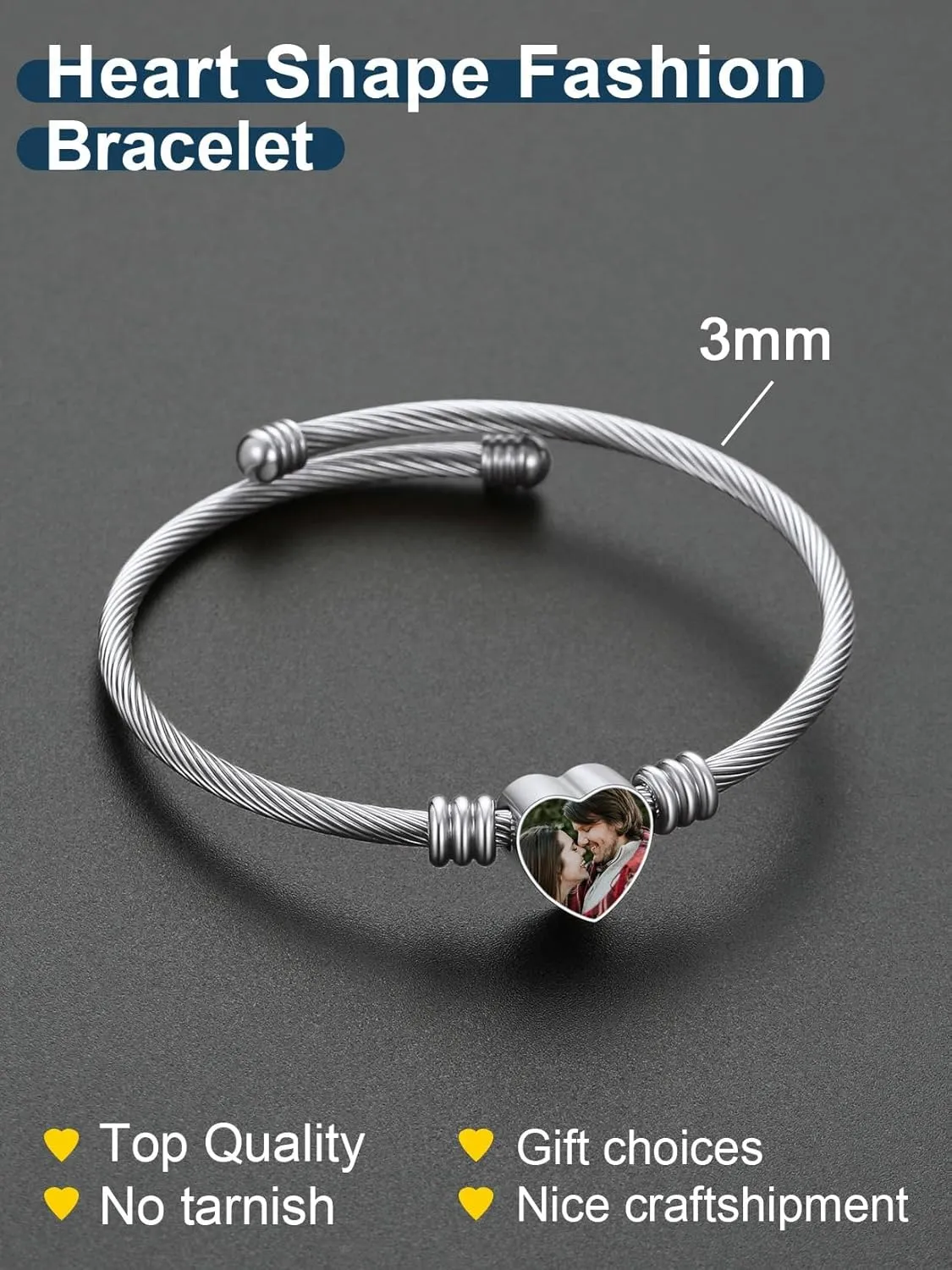 ChainsProMax Women Personalized Photo Bracelet, Heart Cuff Bracelet Bangle, Stainless Steel/Gold Plated/Black-Send Gift Box