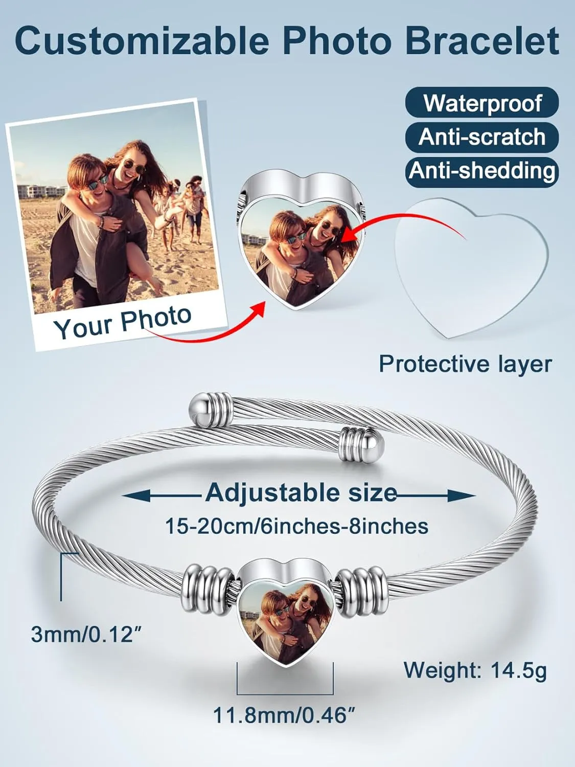 ChainsProMax Women Personalized Photo Bracelet, Heart Cuff Bracelet Bangle, Stainless Steel/Gold Plated/Black-Send Gift Box