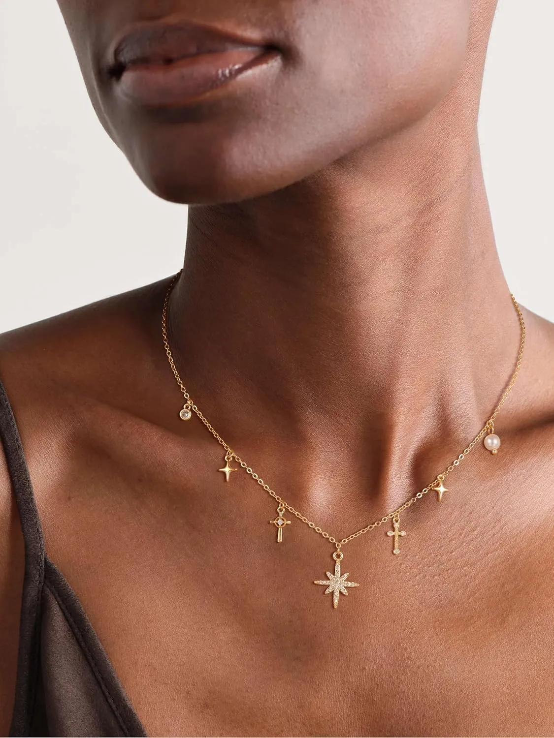Charm Necklaces for Women, 14K Gold Plated Pendant Necklace, Pearl Cross Heart Sea Shell Star Cowgirl CZ Choker Non Tarnish Paperclip Chain Choker Dainty Simple Necklaces Jewelry for Women