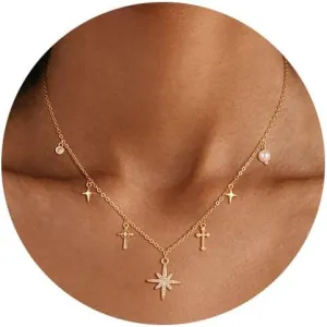 Charm Necklaces for Women, 14K Gold Plated Pendant Necklace, Pearl Cross Heart Sea Shell Star Cowgirl CZ Choker Non Tarnish Paperclip Chain Choker Dainty Simple Necklaces Jewelry for Women