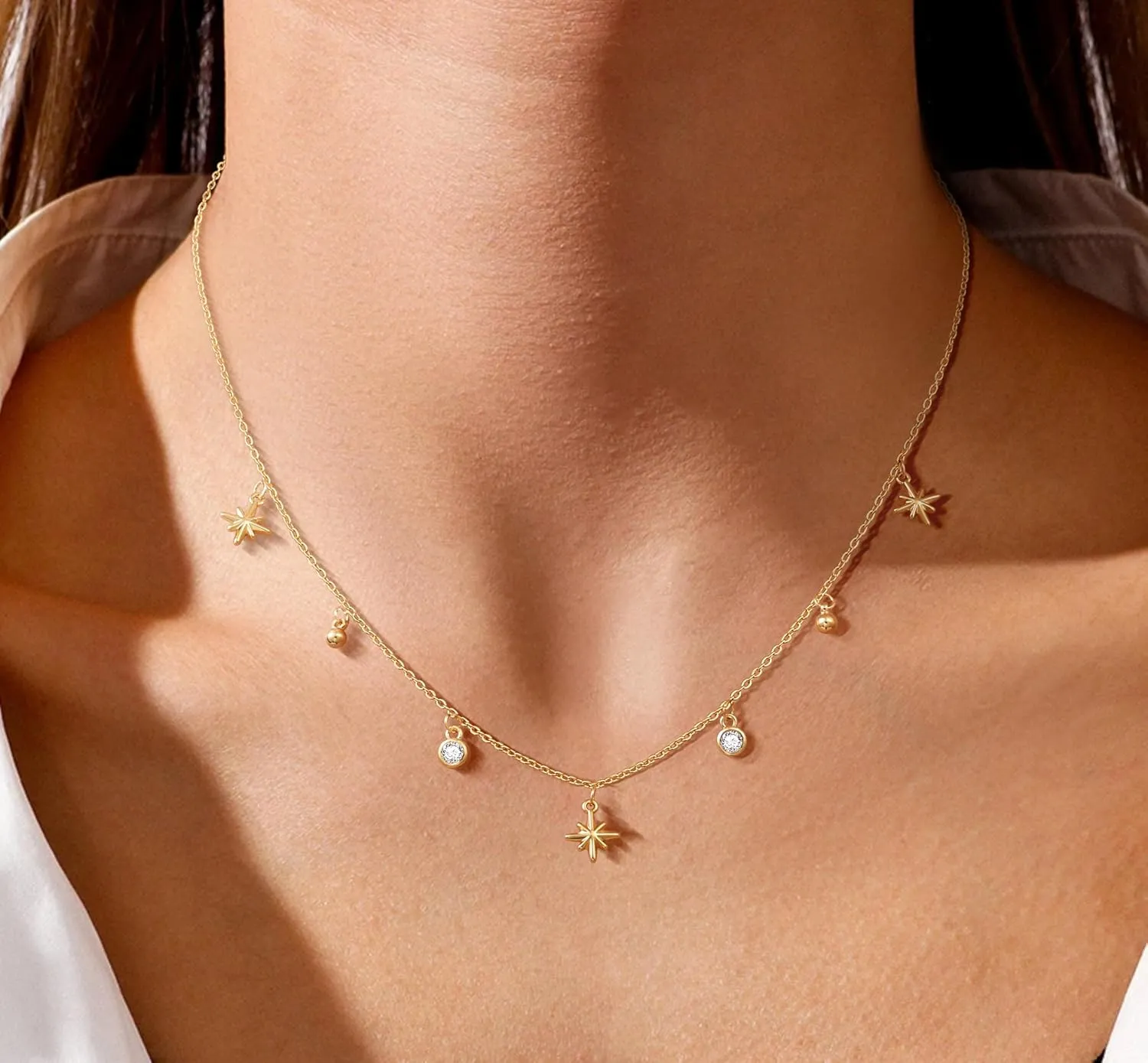 Charm Necklaces for Women, 14K Gold Plated Pendant Necklace, Pearl Cross Heart Sea Shell Star Cowgirl CZ Choker Non Tarnish Paperclip Chain Choker Dainty Simple Necklaces Jewelry for Women