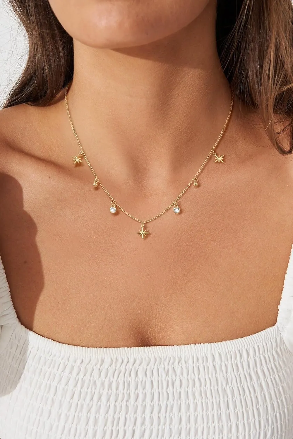 Charm Necklaces for Women, 14K Gold Plated Pendant Necklace, Pearl Cross Heart Sea Shell Star Cowgirl CZ Choker Non Tarnish Paperclip Chain Choker Dainty Simple Necklaces Jewelry for Women