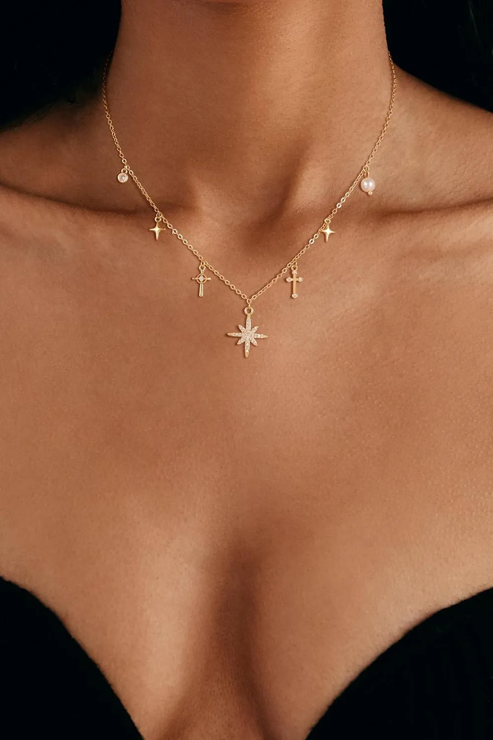 Charm Necklaces for Women, 14K Gold Plated Pendant Necklace, Pearl Cross Heart Sea Shell Star Cowgirl CZ Choker Non Tarnish Paperclip Chain Choker Dainty Simple Necklaces Jewelry for Women