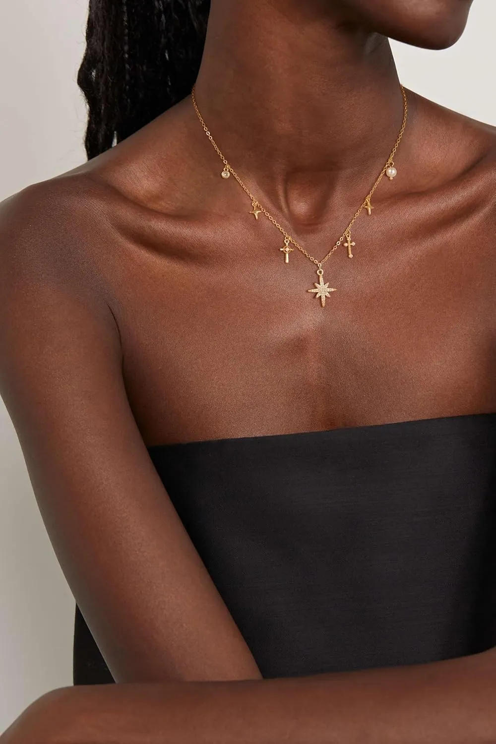Charm Necklaces for Women, 14K Gold Plated Pendant Necklace, Pearl Cross Heart Sea Shell Star Cowgirl CZ Choker Non Tarnish Paperclip Chain Choker Dainty Simple Necklaces Jewelry for Women