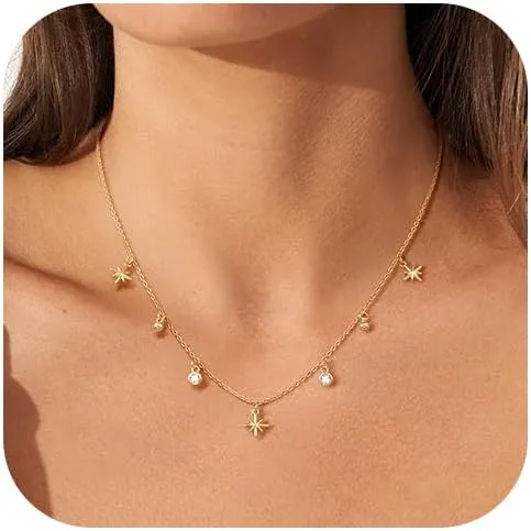 Charm Necklaces for Women, 14K Gold Plated Pendant Necklace, Pearl Cross Heart Sea Shell Star Cowgirl CZ Choker Non Tarnish Paperclip Chain Choker Dainty Simple Necklaces Jewelry for Women