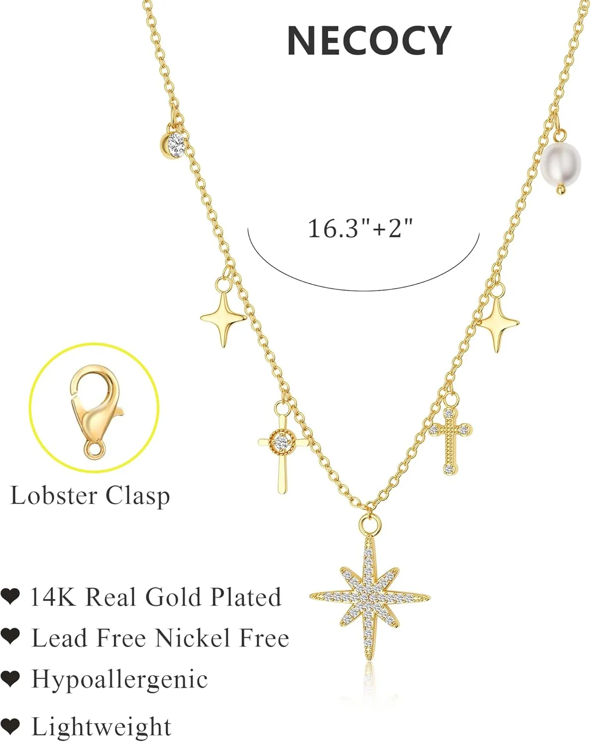 Charm Necklaces for Women, 14K Gold Plated Pendant Necklace, Pearl Cross Heart Sea Shell Star Cowgirl CZ Choker Non Tarnish Paperclip Chain Choker Dainty Simple Necklaces Jewelry for Women